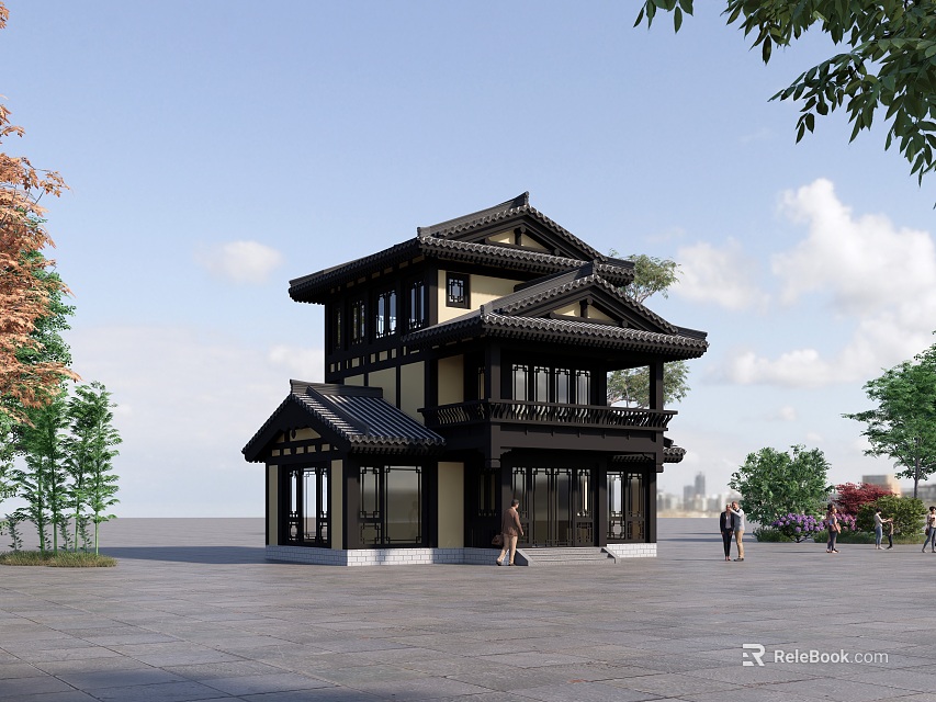 Ancient Two Story Building With Black Roof Traditional Yellow Walls And Trees Around 3d model 