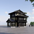 Ancient Two Story Building With Black Roof Traditional Yellow Walls And Trees Around