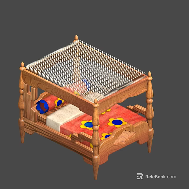 Wooden Canopy Double Bed With Red Yellow Floral Bedspread And Blue Pillows 3d model 