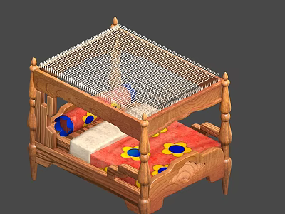 Wooden Canopy Double Bed With Red Yellow Floral Bedspread And Blue Pillows 3d model