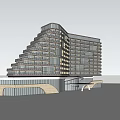 Modern Office Building With Glass Curtain Wall Layered Design And Urban Pool Area