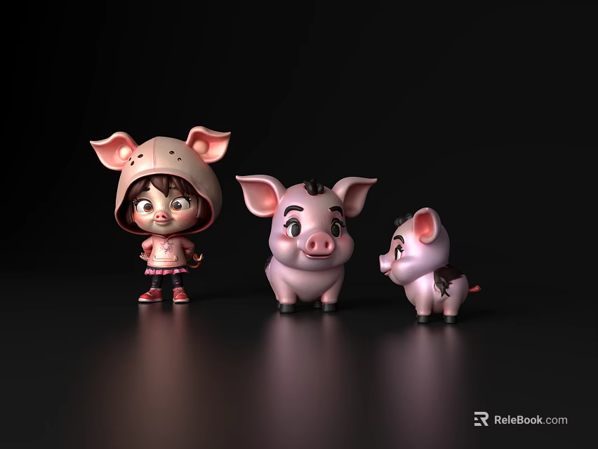 Cute Game Movie Characters Girl With Pig Ear Hat And Two Pink Pig Figures 3d model 