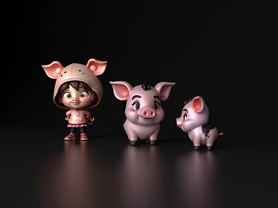 Cute Game Movie Characters Girl With Pig Ear Hat And Two Pink Pig Figures 3d model