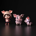 Cute Game Movie Characters Girl With Pig Ear Hat And Two Pink Pig Figures