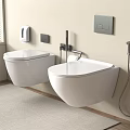 Modern Bathroom Interior With Two White Wall Mounted Toilets And Bidet Spray