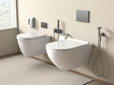 Modern Bathroom Interior With Two White Wall Mounted Toilets And Bidet Spray 3d model