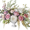 Elegant White Vase With Pink Roses White Dahlias Purple Blooms And Green Leaves