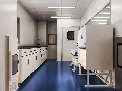 Modern Laboratory Interior Design With White Cabinets Blue Flooring And Lab Benches 3d model