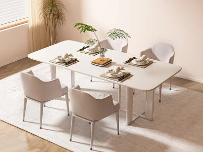 Modern White Dining Table Set with Light Gray Chairs and Plant Decoration 3d model