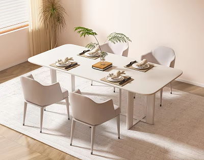 Modern White Dining Table Set with Light Gray Chairs and Plant Decoration 3d model