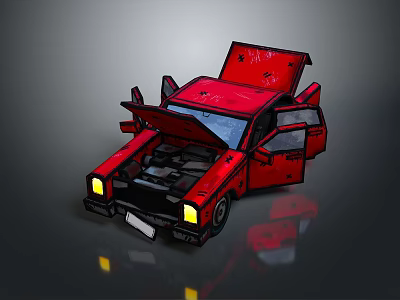 Red Cartoon Car With Open Hood And Doors On Reflective Surface 3d model