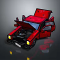 Red Cartoon Car With Open Hood And Doors On Reflective Surface