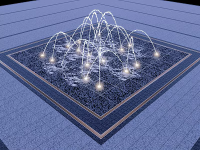 Decorative Square Water Fountain with Upward Water Jets and Illuminated Lights on Tiled Floor 3d model