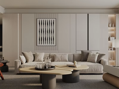 Modern Living Room Interior With Neutral Sofa Pillows Coffee Table And Decorative Wall Art 3d model