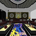 Luxurious KTV Interior Design With Modern Sofas Large Screen TV Unique Ceiling And Colorful Lighting