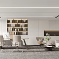 Modern Office Interior With Desk Chairs Bookshelf Sofa Coffee Table Modern Lighting And White Cabinets