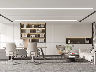 Modern Office Interior With Desk Chairs Bookshelf Sofa Coffee Table Modern Lighting And White Cabinets 3d model