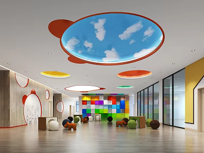 Vibrant Kindergarten Interior With Colorful Circular Ceiling Multicolored Square Walls And Round Play Seats 3d model