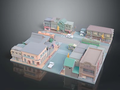Detailed Miniature Town Model With Buildings Street Vehicles And Pedestrians 3d model