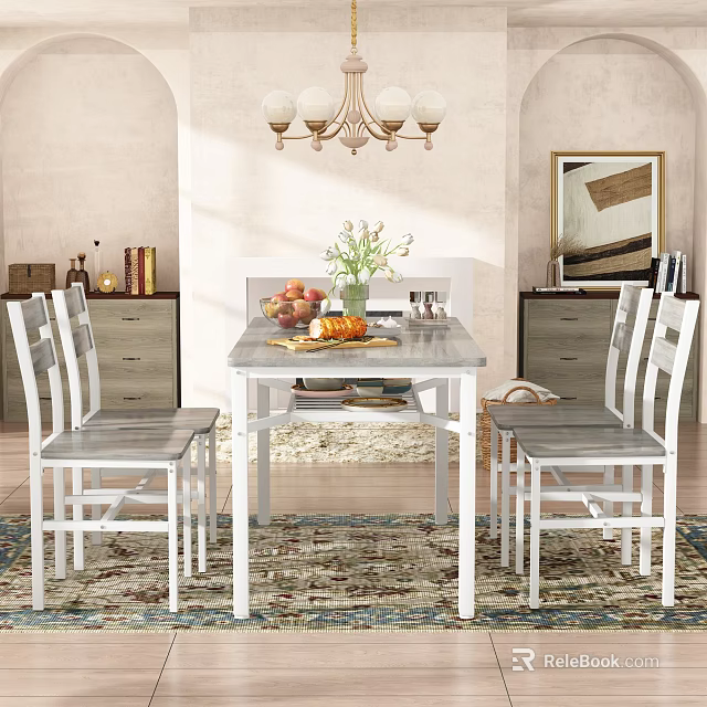 Cozy Restaurant Dining Area With White Dining Table Chairs Flower Vase Fruits And Chandelier 3d model 