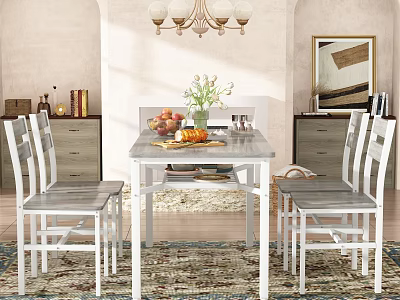 Cozy Restaurant Dining Area With White Dining Table Chairs Flower Vase Fruits And Chandelier 3d model