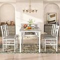 Cozy Restaurant Dining Area With White Dining Table Chairs Flower Vase Fruits And Chandelier