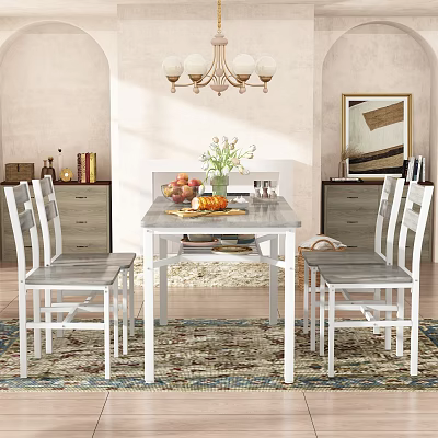 Cozy Restaurant Dining Area With White Dining Table Chairs Flower Vase Fruits And Chandelier 3d model