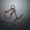 Antique Rusted Iron Handcuffs With Chain Link And Metal Ring Restraints