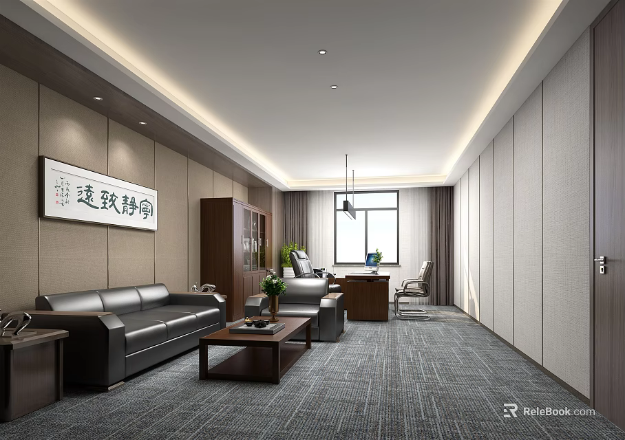 Modern Chinese Style Office Interior With Sofa Desk And Calligraphy Painting 3d model 