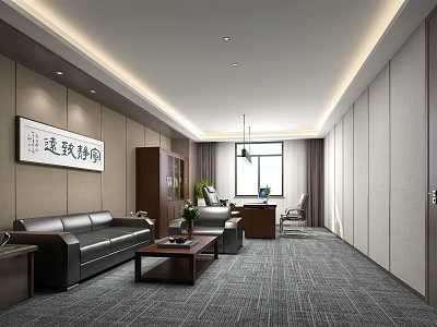 Modern Chinese Style Office Interior With Sofa Desk And Calligraphy Painting 3d model