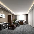 Modern Chinese Style Office Interior With Sofa Desk And Calligraphy Painting
