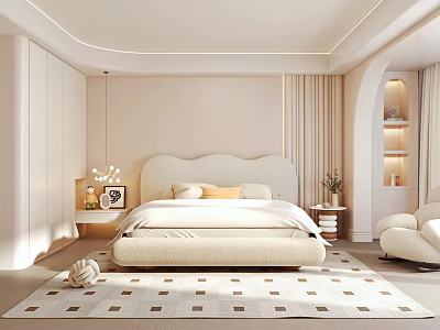 Modern Beige Bedroom Interior With Upholstered Headboard Pillows Curtains And Geometric Rug 3d model
