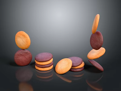 Delicious Orange And Purple Cookies Stacked And Scattered On Gray Shiny Surface 3d model