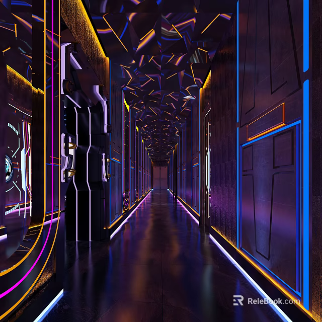 Modern KTV Lounge Interior With Vibrant Neon Lights And Geometric Decorative Design 3d model 