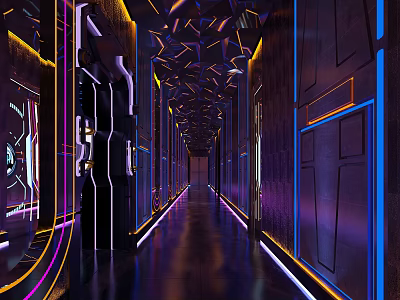 Modern KTV Lounge Interior With Vibrant Neon Lights And Geometric Decorative Design 3d model