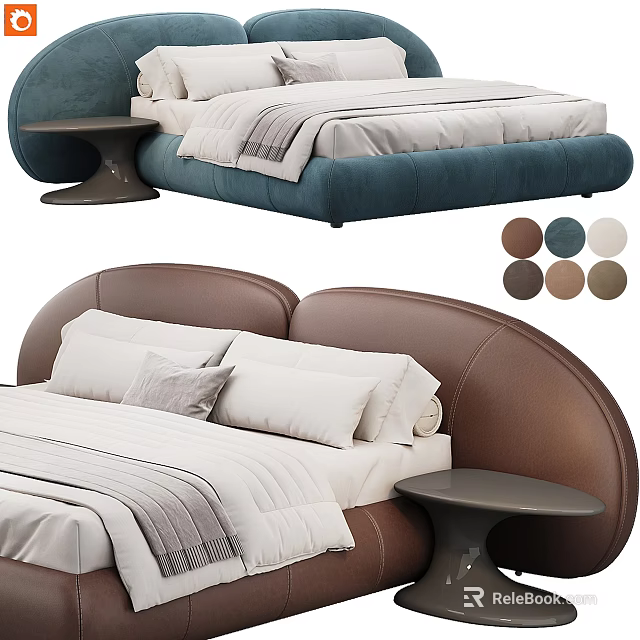 Elegant Modern Double Bed With Brown Leather Headboard White Bedding And Side Table 3d model