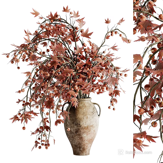Decorative Two Handled Terracotta Vase With Red Floral Branches Leaves And Berries 3d model 
