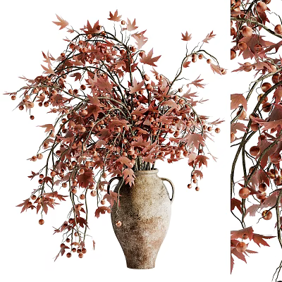 Decorative Two Handled Terracotta Vase With Red Floral Branches Leaves And Berries 3d model