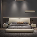 Modern Double Bed with Upholstered Headboard Gray Bedding Nightstand Strip Light and City Night View