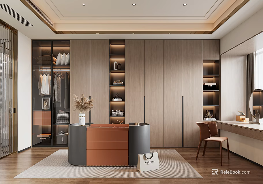 Modern Walk In Closet With Wooden Cabinets Open Storage And Stylish Decor 3d model 