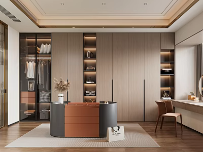 Modern Walk In Closet With Wooden Cabinets Open Storage And Stylish Decor 3d model