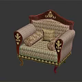 Traditional Armchair With Dark Wooden Frame Ornate Fabric And Golden Carved Accents On Armrests