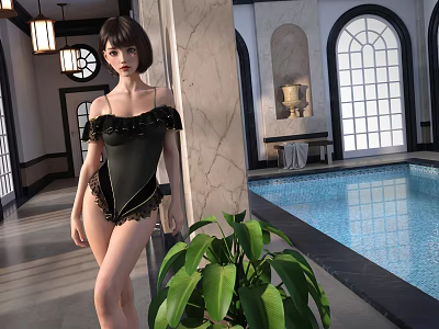 Woman in Black Lace Swimsuit Standing by Indoor Pool with Marble Columns and Green Plant 3d model