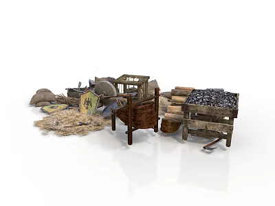 Modern Rustic Scene With Traditional Farm Tools Hay Storage Racks And Clay Pots 3d model