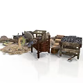 Modern Rustic Scene With Traditional Farm Tools Hay Storage Racks And Clay Pots