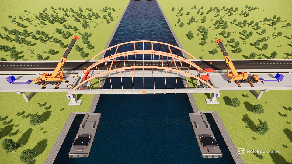 Orange Arch Bridge Construction Over Canal With Cranes Green Trees And Barges Below 3d model 