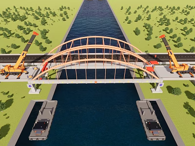 Orange Arch Bridge Construction Over Canal With Cranes Green Trees And Barges Below 3d model