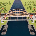 Orange Arch Bridge Construction Over Canal With Cranes Green Trees And Barges Below