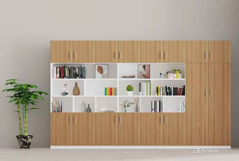Modern Wooden Bookcase Interior With Open Shelves Books Decorative Items And Green Plant 3d model 