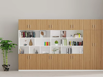 Modern Wooden Bookcase Interior With Open Shelves Books Decorative Items And Green Plant 3d model